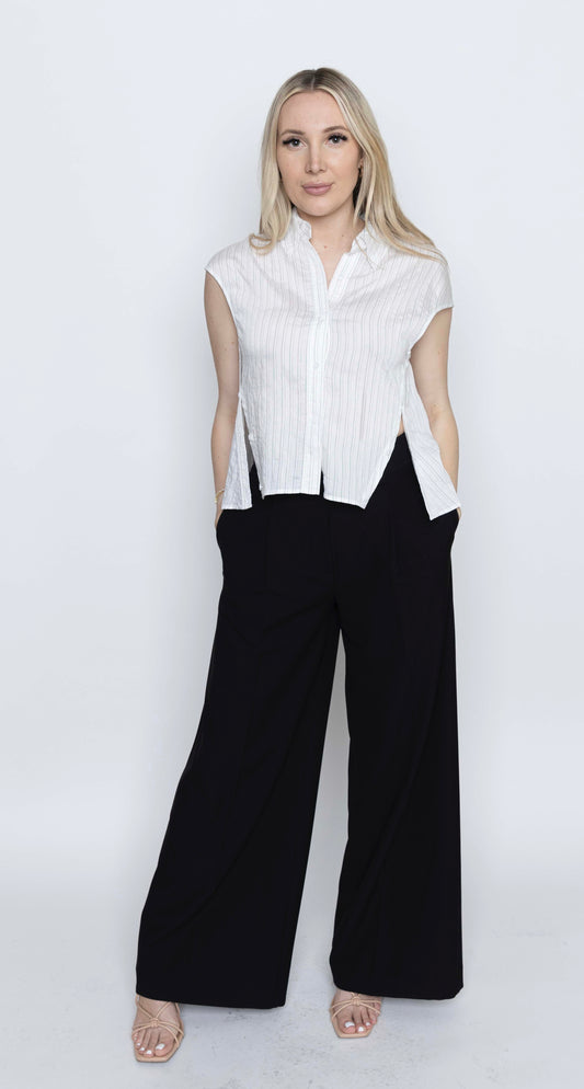 Perth Cap Sleeve Button Blouse, Off-White Pinstripe
